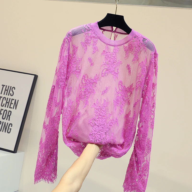 

New Spring Summer Hollow Out Gauze Top for Women All-match Solid Color Long Sleeve Shirts O Neck Female Lace Blouses Sweet