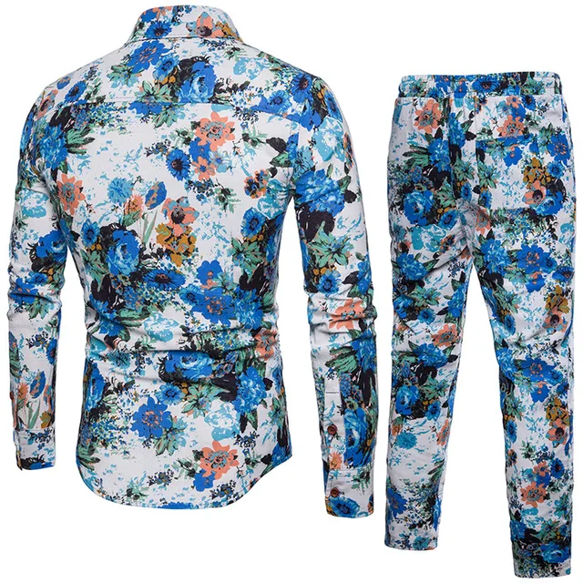 2018 Spring Summer New Style Fashion Floral Print Men’s Set Shirt+Pant Casual Shirts Suits Cotton Linen Material Plus Size 5XL