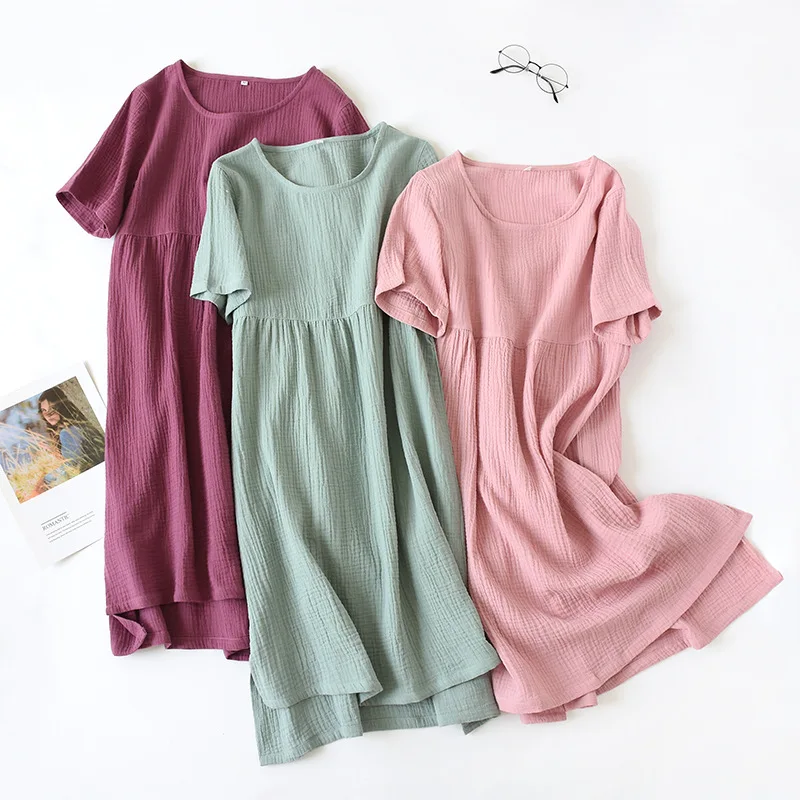 

100% Cotton Crepe Short-sleeved Sleepshirts Summer Sleepwear Plus Size Loose Nightgowns Women Night Gown Sleeping Dress Nighty