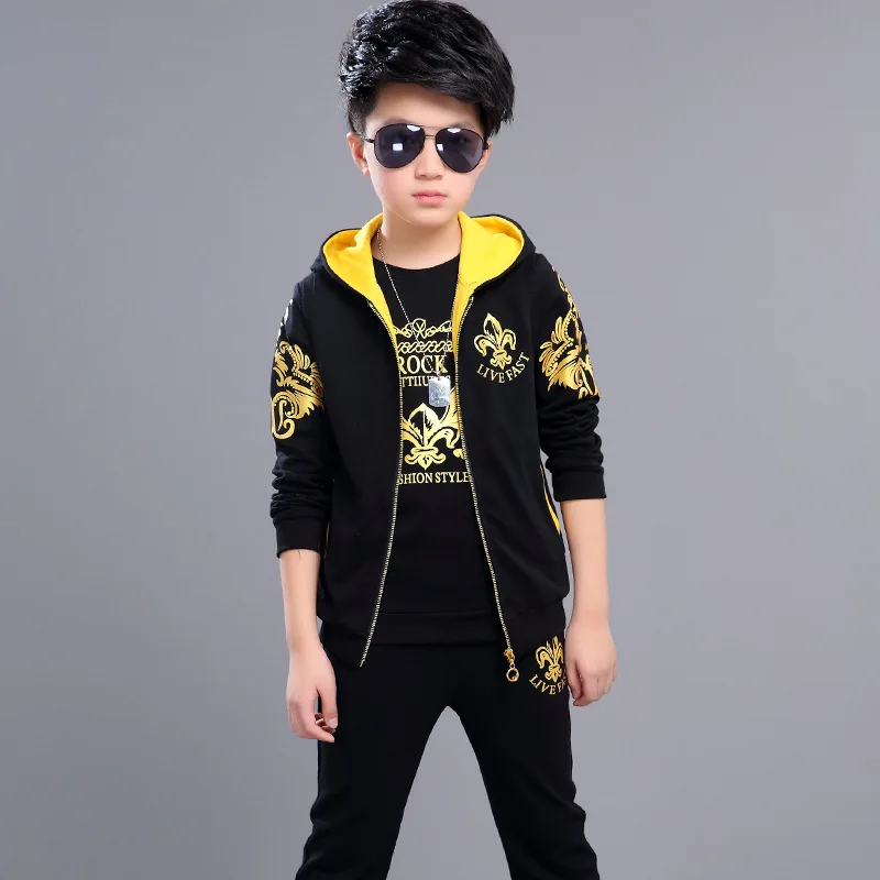 Boys 6-14 Years Sports 3 PCS Set(R Vest+ Pullover Hoodies+ Long Pant) Fashion Soft Cotton Spring Autumn Suits Big Boys Sets