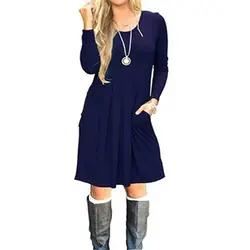 Лидер продаж осень зима с длинным рукавом женское платье Высокое качество круглым вырезом повседневное одноцветное цвет дамы леди по