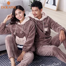 Casual hooded cartoon couples matching pajamas winter warm women & men thick flannel Home clothes soft sleep lounge set hot sale