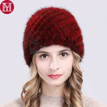 Россия,, зимняя меховая шапка из натуральной норки, Женская хорошая эластичная вязаная шапка из натурального меха норки, шапки из натурального меха норки, Толстая теплая шапка