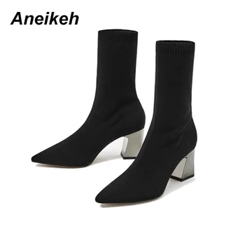 

Aneikeh Fashion Ankle Elastic Sock Boots Chunky High Heels Stretch Women Spring/Autumn Sexy Booties Pointed Toe Women Pumps 42