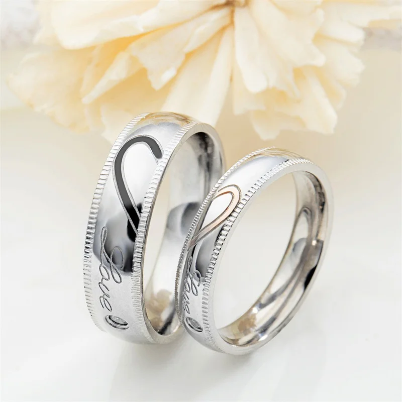 AZIZ BEKKAOUI LOVE Heart Crystal Couple Rings Engrave Name Stainless Steel Rings Promise Band Engagement Wedding Jewelry Gift