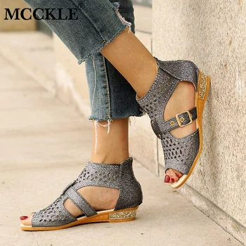 

MCCKLE Women Wedges Heel Buckle Strap Gladiator Sandals For Woman Peep Toe Female Zipper Shoes Fashion Studded Crystal Low Heels