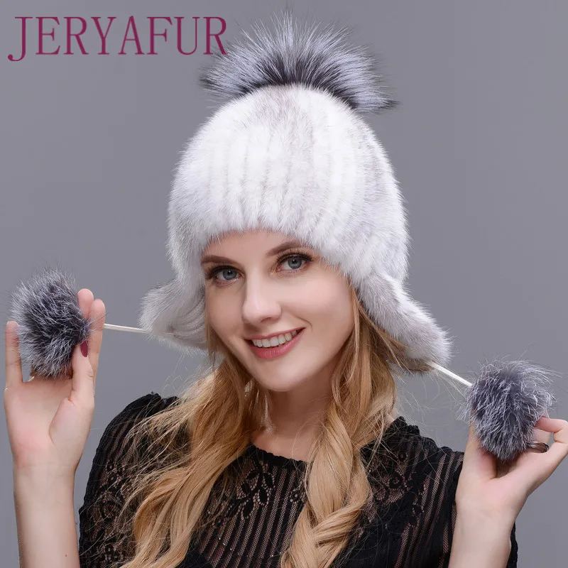 Jeryafur зима Женская норковая шапка шляпу, чтобы защитить уши из норки и песца ручной работы Лыжная шапка мех Подготовка теплые