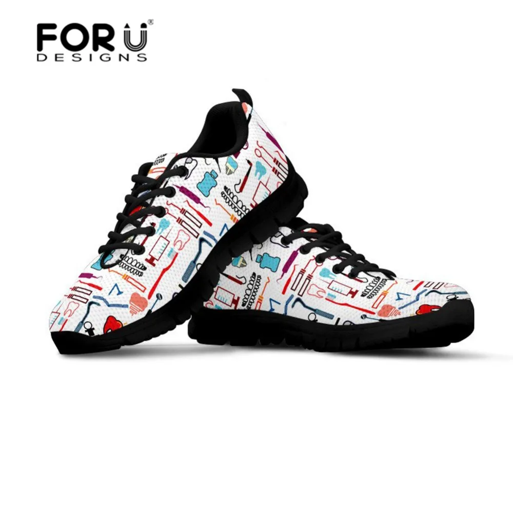 

FORUDESIGNS Sneakers Women Flats Dental Equipment Shoes Women 3D Cute Nurse Printed Lace-up Comfortable Shoes for Women Flats