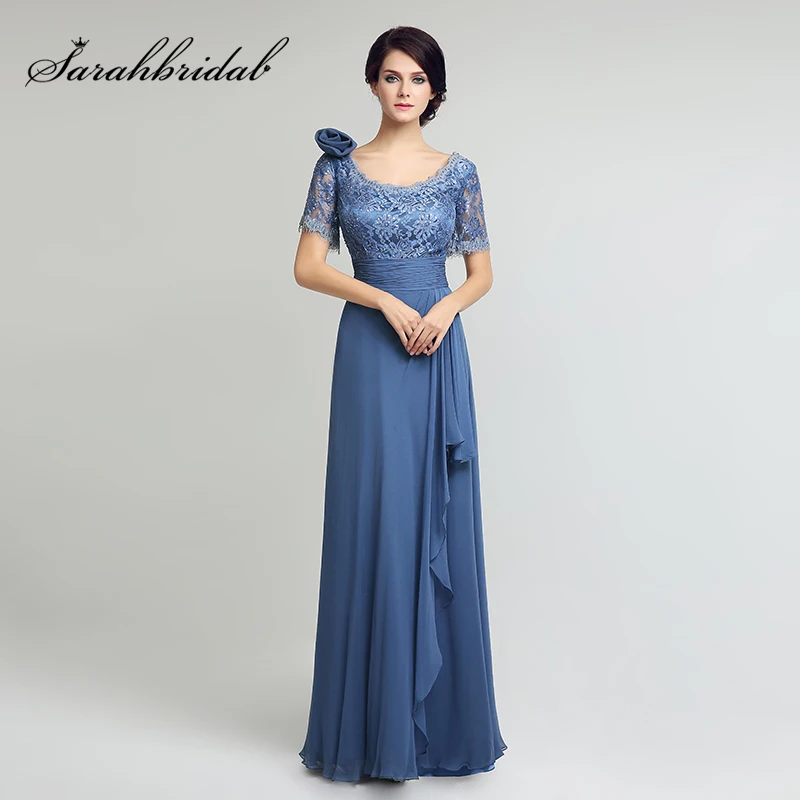 Elegante Korte Mouwen Kanten Lijfje Moeder van de Bruid Jurken met Bloem Lange Chiffon Plooi Lovertjes Bruiloft Partij Jassen LX274 Elegante Korte Mouwen Kanten Lijfje Moeder van de Bruid Jurken met Bloem Lange Chiffon Plooi Lovertjes Bruiloft Partij Jassen LX274