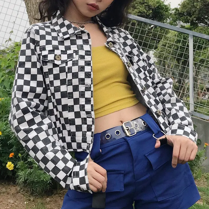 Checkerboard Plaid Jacket Women Casual Streetwear Short Cotton Coats Tumblr Girls' Crop Top Harajuku Checkered Cropped Jackets