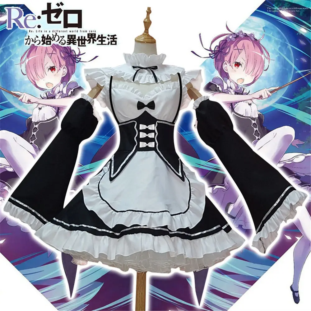 Платье для аниме-косплея Re: zero Hajimeru Isekai Seikatsu жизнь в другом мире Рам Рем платье служанки для Хэллоуин Косплей Костюм - Цвет: Черный