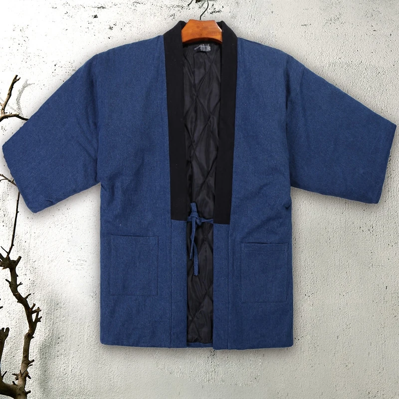Autumn Winter Male Kimono Haori Thick Warm Cotton-Padded Jacket Casual Home Clothes Men Solid Color Loose Overcoat One Size