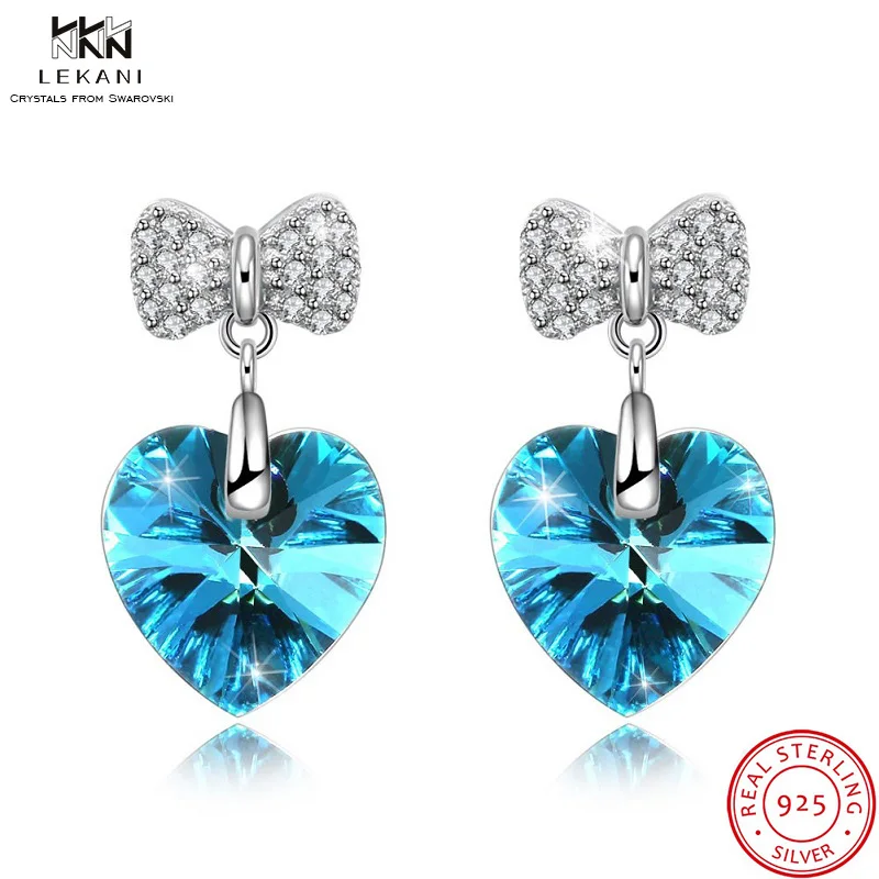 

LEKANI Crystals From Swarovski Cat Pearl Drop Earrings 925Women's Earrings Heart Shaped Fashion Jewelry Bow Bijoux Chic Blue