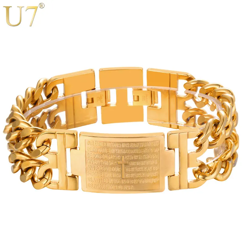 

U7 Cross Bible Bracelet Hiphop Jewelry Large Wide Stainless Steel Gold Color Multilayer Cuban Link Bracelet Men Gift for Him H26