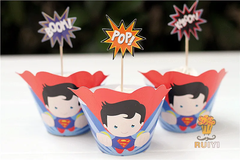 24 шт супергерой обертка для кексов топперы Дети День рождения деко поставки Мстители, Супермен, Бэтмен Человек-паук украшения для кексов