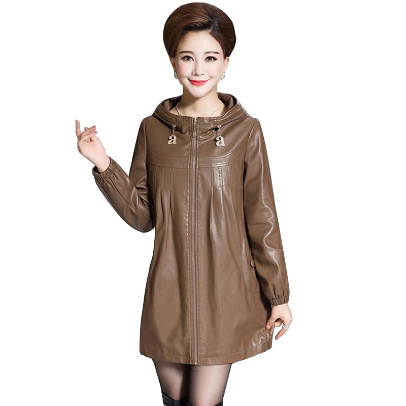

2017 autumn winter new womens pu leather long jacket female hooded warm slim coat plus size 6XL mother fashion outerwear QH0685