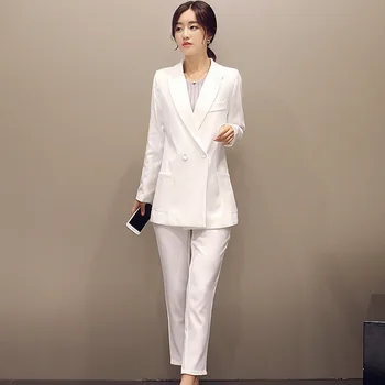

White Women Business Suits Formal Work Ladies Office Unform Long Sleeve Coat Pant Suits OL Slim Blazer 2 Piece Set Women Custom