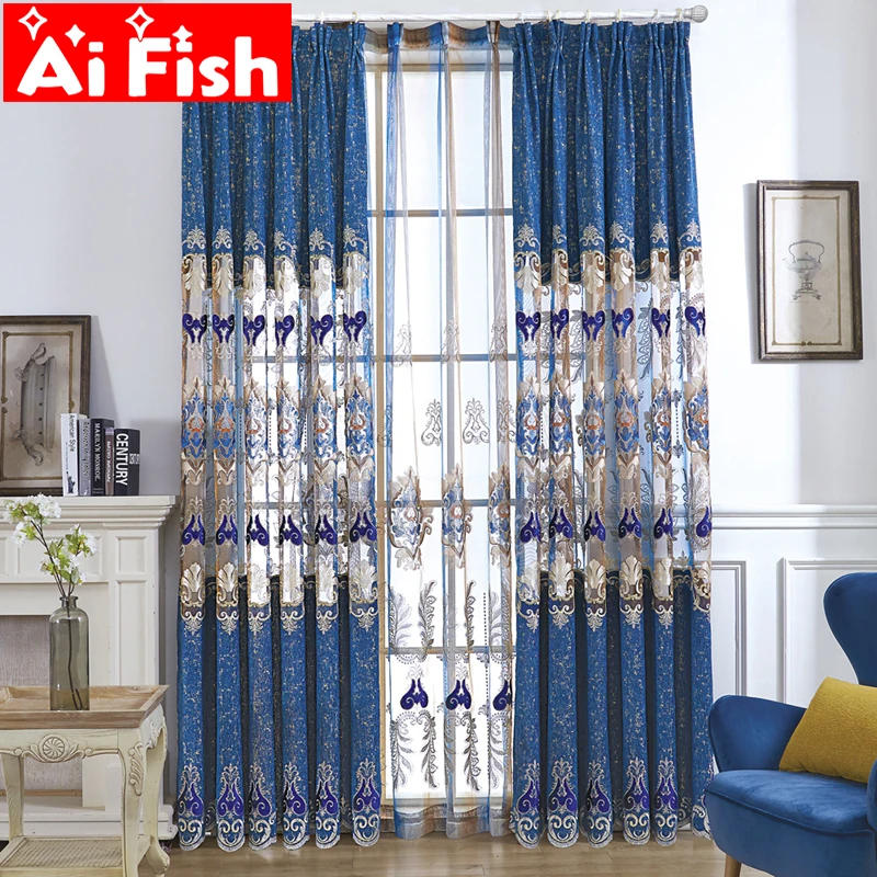 Window Treatments Luxury Deep Blue Curtains Tulle Sheer For The Living