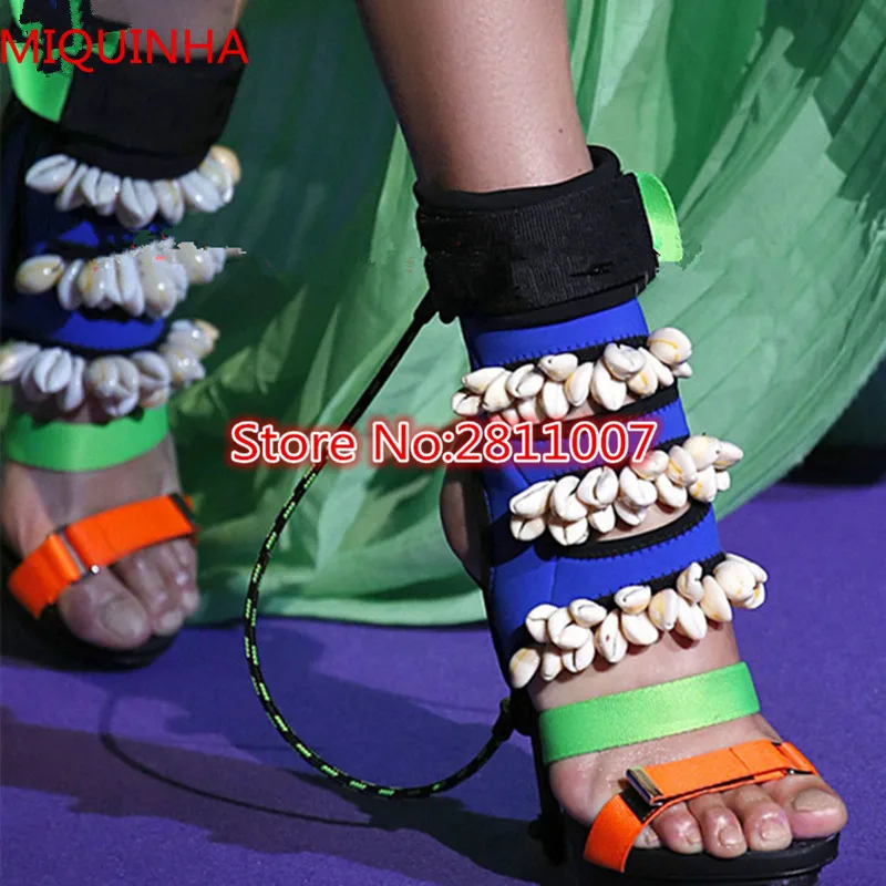 

Multicolor Strappy Shell Crystal Sewed Stiletto High Heel Women Sandals Boots Open Toe Side Zip Ankle Boots Party Shoes Woman