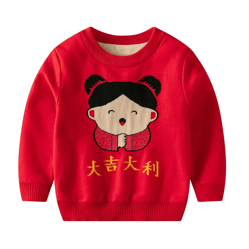 Детский свитер на осень-зиму для мальчиков и девочек, китайский новогодний стиль, пуловер с героями мультфильмов, детский бархатный