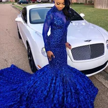 Черного цвета в виде русалки для девочек Длинные Выпускные платья королевский синий одежда с длинным рукавом 3d цветочный юбка Кружевная аппликация из бисера официальная Вечеринка вечернее платье