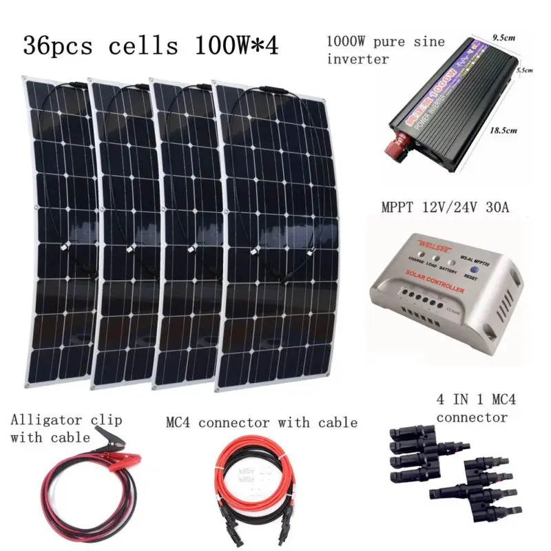 

4pcs Mono 100W Solar Panels Kit with 1000W pure Sine Wave inverter 30A controller Emergency Houseuse 400W Solar Power System