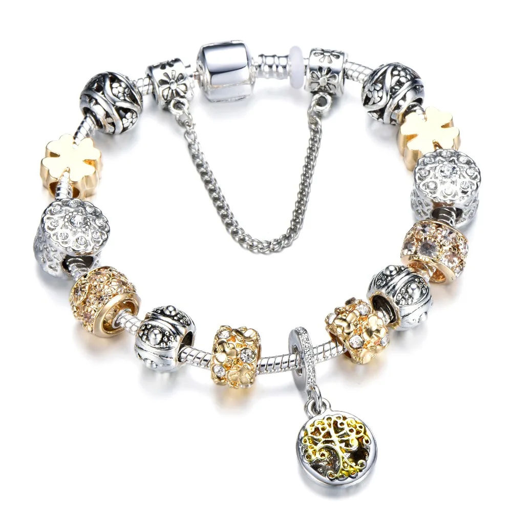 Stylish Girl Antique Silver Charm Bracelet Bangle with Love Heart Crystal Ball for Women Wedding Jewelry Gift
