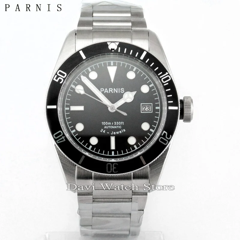 

Parnis black dial Sapphire glass date Black insert automatic mens 41mm watch