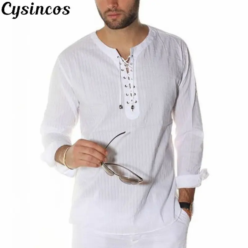 CYSINCOS, мужская белая рубашка с длинным рукавом, хлопок, повседневные тонкие топы, на шнуровке, плюс размер, одноцветная, на завязках, мужская рубашка, chemise homme