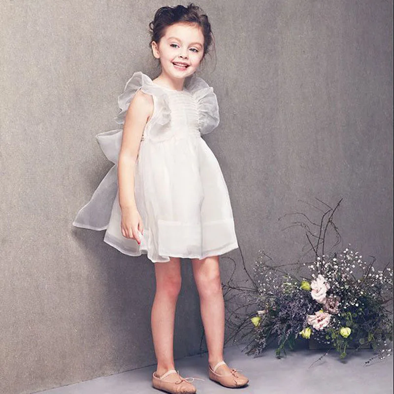 

Cute! Sweet! Girls Solid Mesh Tutu Dresses Summer Cotton Petal Sleeve Bow O-Neck Knee-Length Dress Princess For Wedding Party