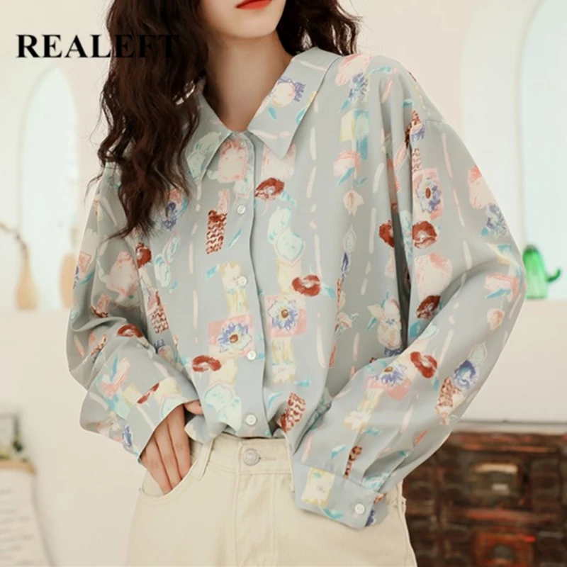 

REALEFT New Arrival Women Casual Floral Printed Blouse Long Sleeve Turn-down Collar Elegant Loose Office Shirts Tops Female