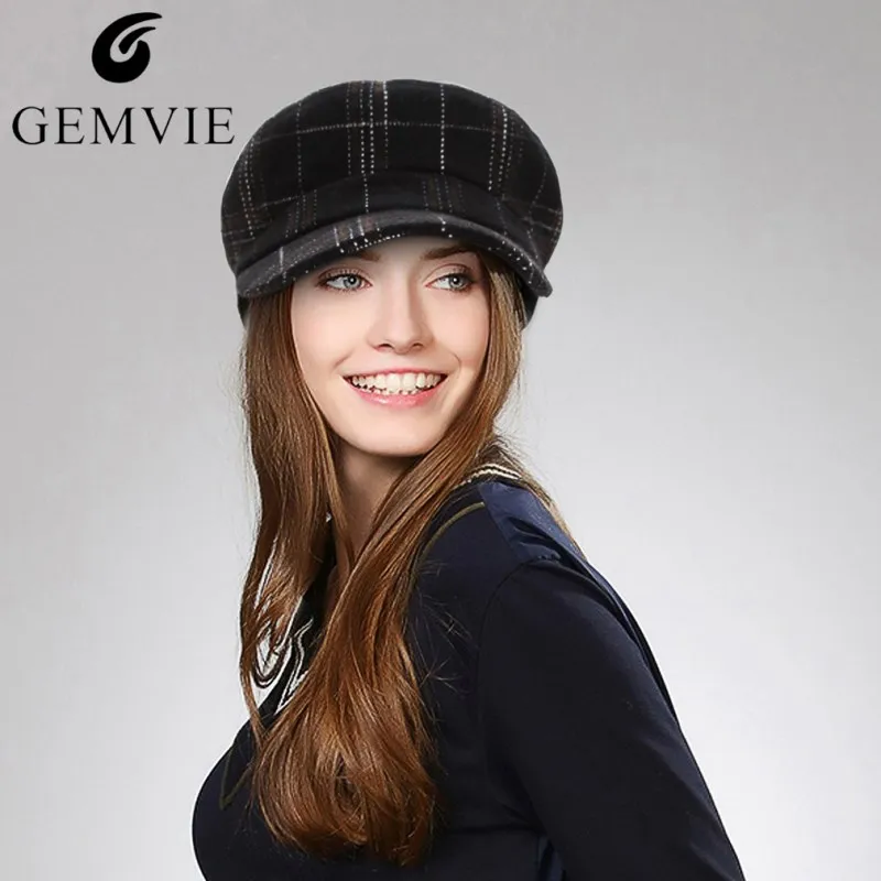 GEMVIE, осенне-зимние шапки для женщин, модный шерстяной берет в клетку, шапка в винтажном стиле, женская кепка с плоским верхом, кепка Newsboy, Повседневная Военная шапка