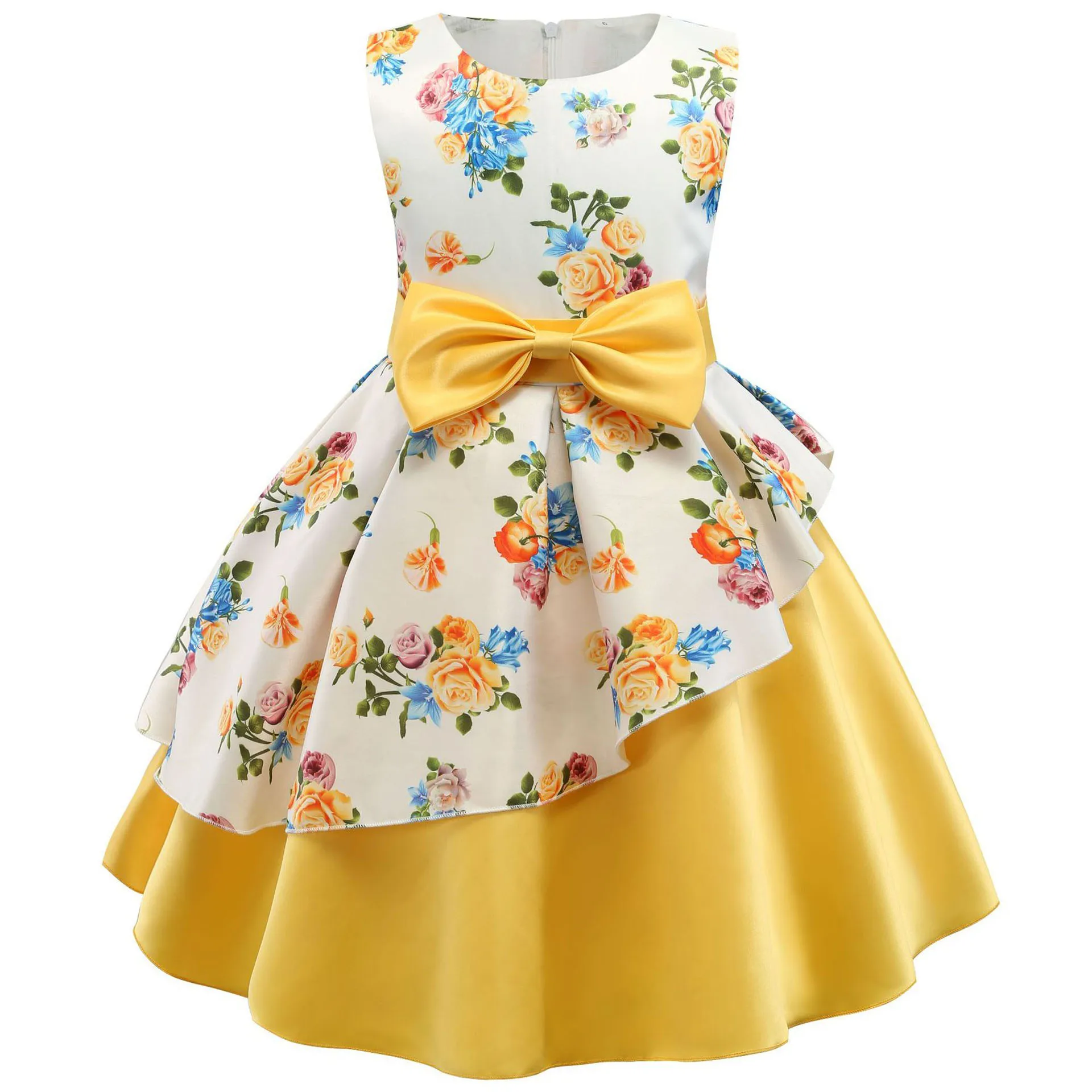 Праздничное платье принцессы с цветочным узором и бантом для маленьких девочек; Рождественский костюм; платье; одежда для детей; Infantil; для От 2 до 8 лет - Цвет: Yellow