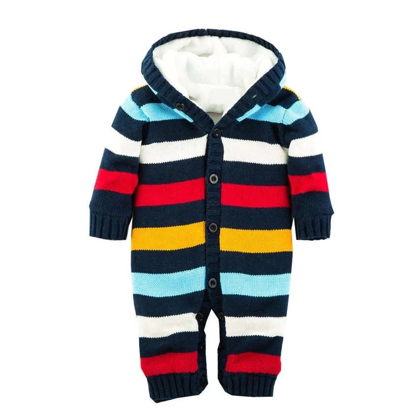 Детские комбинезоны, утолщенный осенне-зимний полосатый трикотажный свитер, теплый комбинезон для маленьких мальчиков и девочек, верхняя одежда с капюшоном, детская одежда для новорожденных