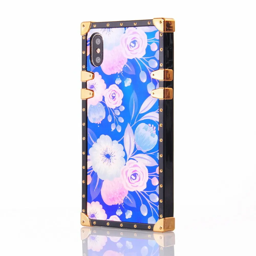 Luxury Rose Flower Blue Ray Square Eye Trunk TPU Case Cover For iPhone Samsung