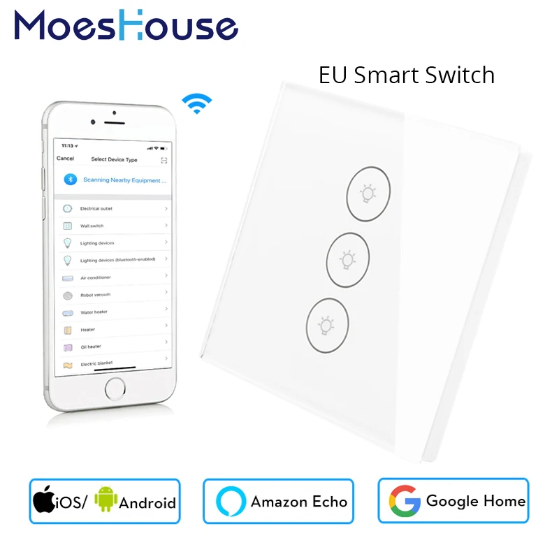 Tanie Mini Wifi Inteligentne Ściany Przełącznik Dotykowy Moc UE Mobile APP Pilot Wsp oacute;łpracuje z Amazon Alexa Google Domu 3 Gang nie Hub Wymagane