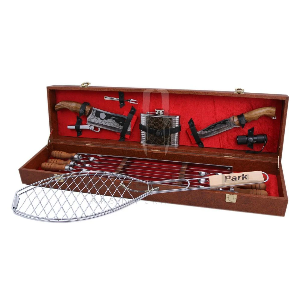Barbecue set in a gift case skewers,6 pcs,Barbecue grill,knife,hatchet