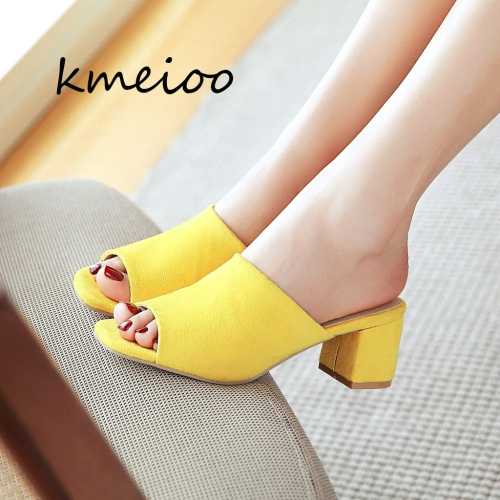 

Kmeioo 2018 Fashion Women Peep Toe Ladie Mules Block Heel Sandals Casual Slip On Summer Ladies Shoes Plus Size 35-43