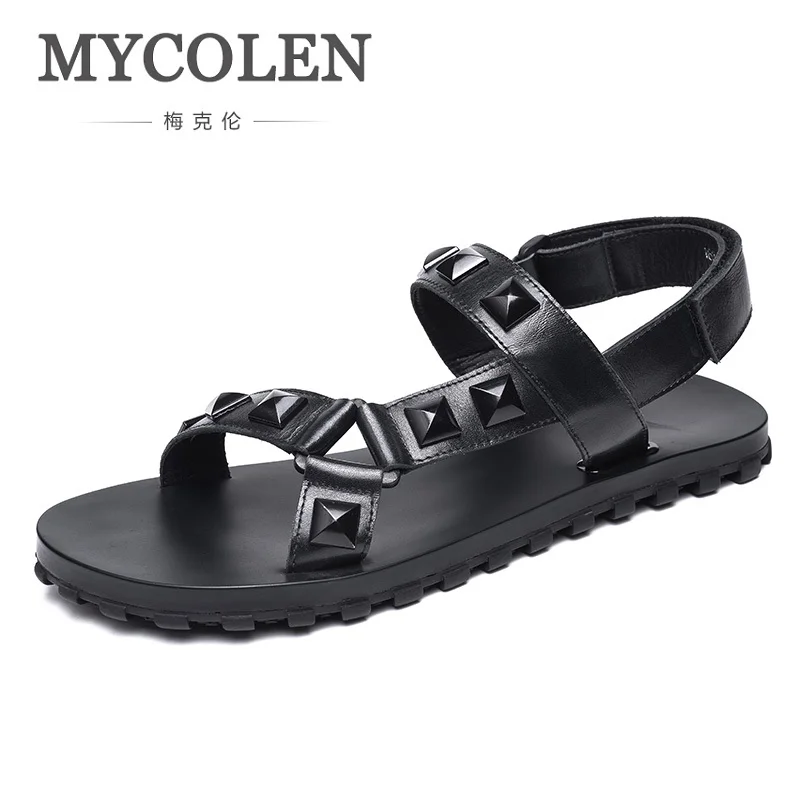 

MYCOLEN 2018 Summer Leather Men Sandals Black Simple Men Shoes Comfortable Beach Men's Shoes Leather Sandale Homme Cuir
