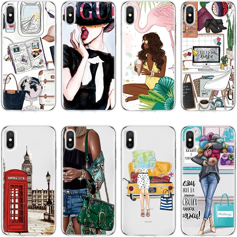 

Black Brown Hair Girl Queen TPU Soft Coque For iPhone XR XS Max XS 7 8 Plus 6S 5 5S 5SE Tourism Princess Cover For iPhone X Case