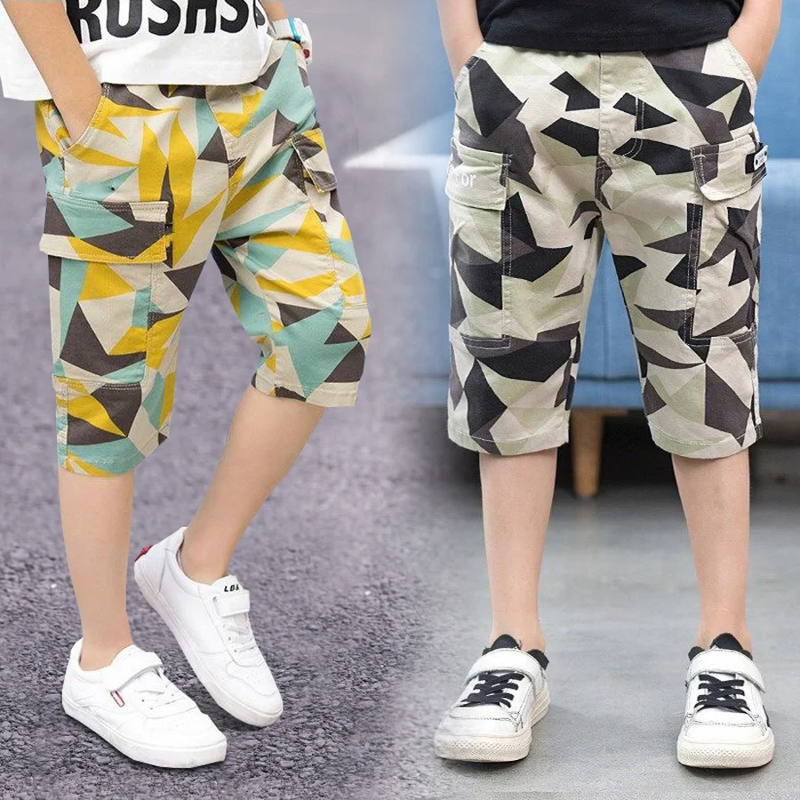 

Camouflage Boy Shorts Teenager Summer Casual Mid Waist Cotton Bottom Children Geometric Short Pant Kids Trousers 4Y-14Y