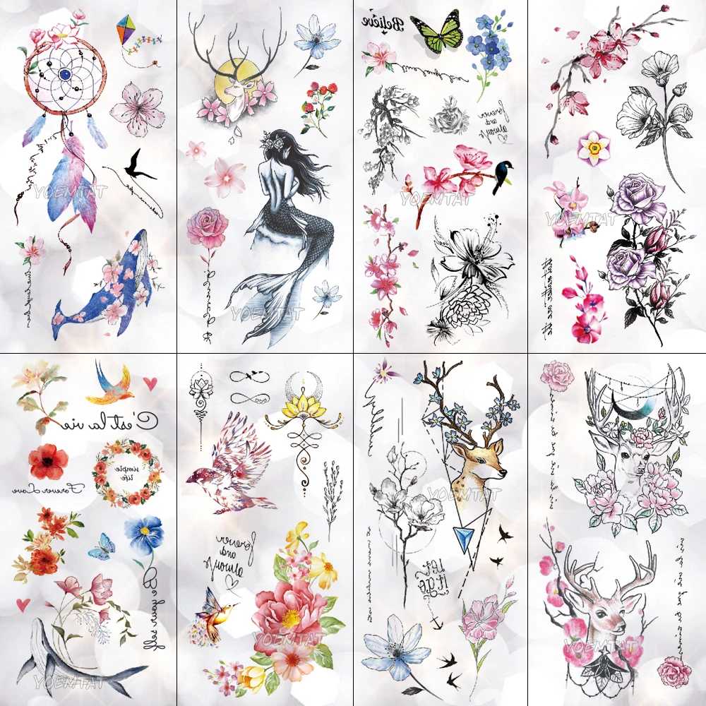 

Mermaid Whale Deer Flower Waterproof Temporary Tattoo Sticker Rose Cherry Flash Tattoos Body Art Fake Arm tatoo Women