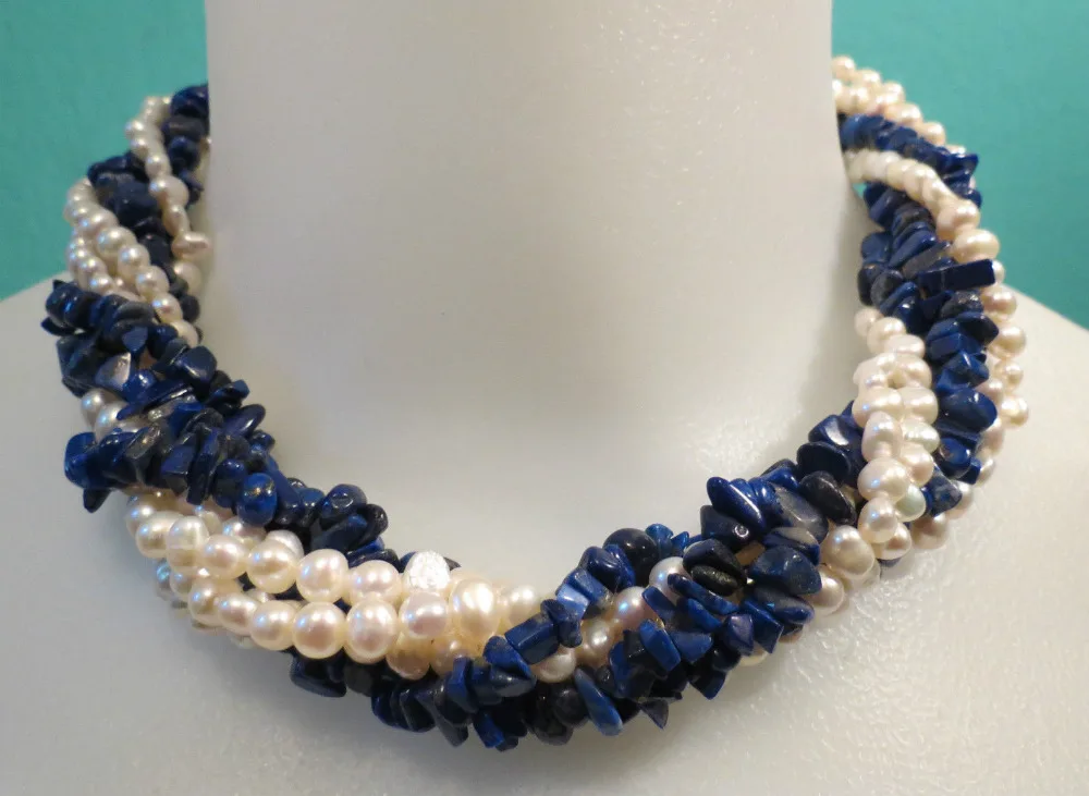 

~~ 11.23 Multi-Strands Necklace, Twisted Lapis Lazuli and White Fresh Water Pearls Discount 35%