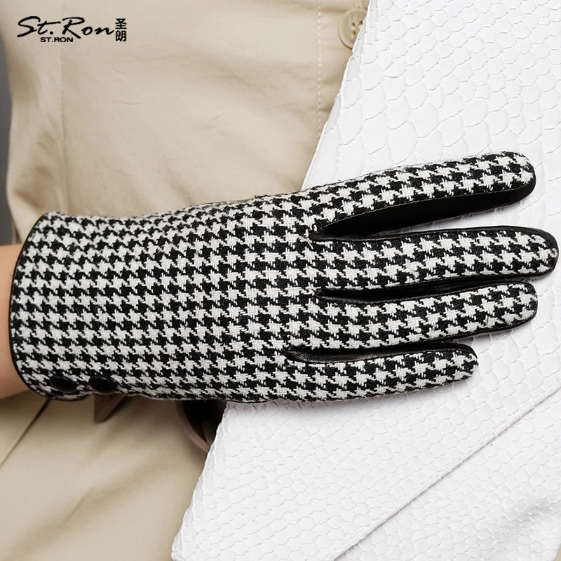 Houndstooth genuine leather gloves female sheepskin gloves sheepskin woolen gloves st6081