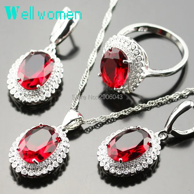 925 Logo Silver Color Women Party Sets Red Created Garnet Necklace 925 Logo Silver Color Women Party Sets Red Created Garnet Necklace Earrings Ring Jewelry