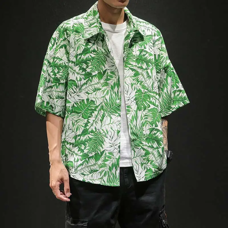 Летняя мужская гавайская рубашка большого размера 4XL 5XL, крутая гавайская рубашка с коротким рукавом и принтом листьев, уличная Мужская рубашка размера d XXXXXL - Цвет: Green Hawaiian Shirt