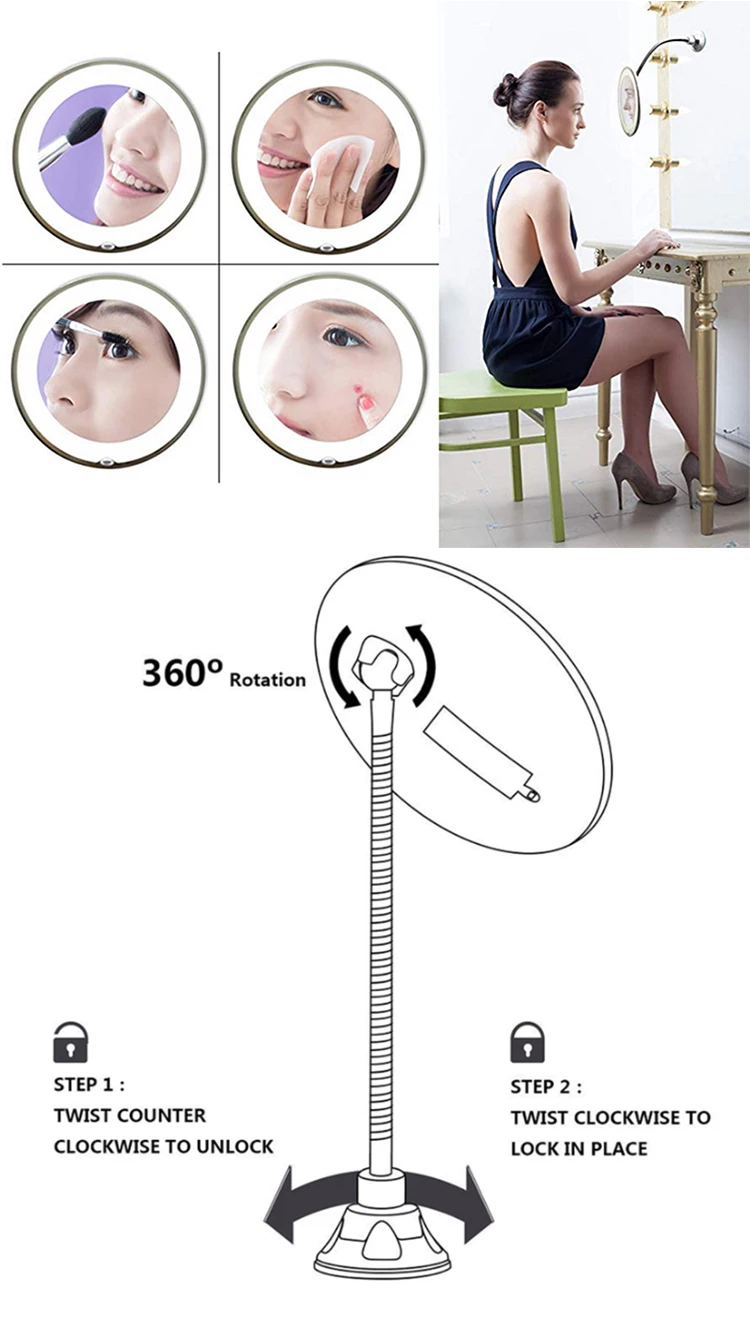 360 Вращение увеличительный, светодиодный Fogless вакуумный держатель на присоске, душ бритье 10X макияж туман зеркало