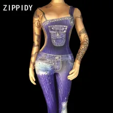 Джинсовый принт камни растягивающийся костюм 2 цвета цельный для певцов в ночном клубе для танцора DS Show женское платье на выпускной сексуальные джинсы