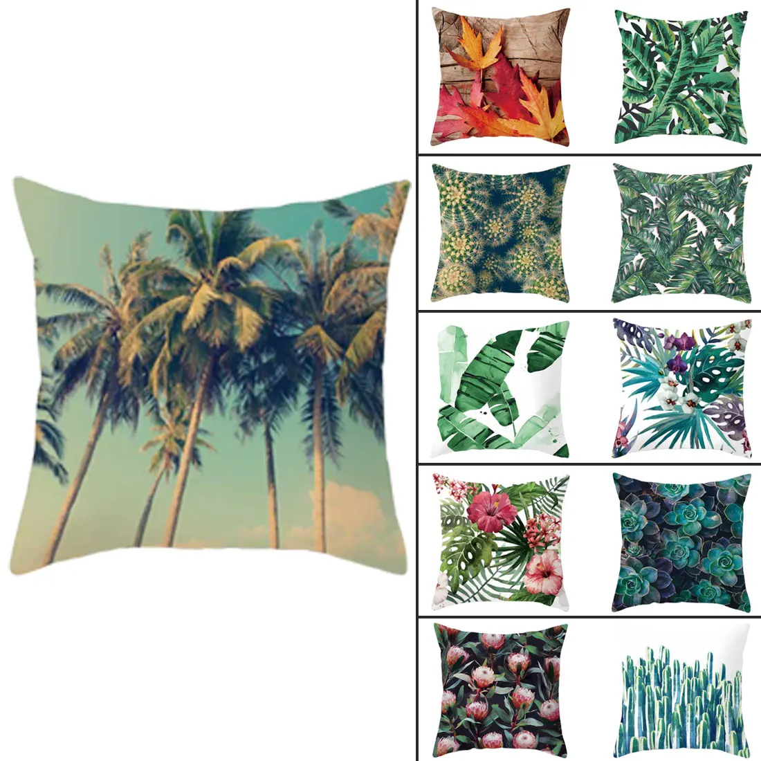 

Tropical Plants Flower Cushion Palm Leaf Green Leaves Monstera Cushion Decorative Beige Linen 45*45cm
