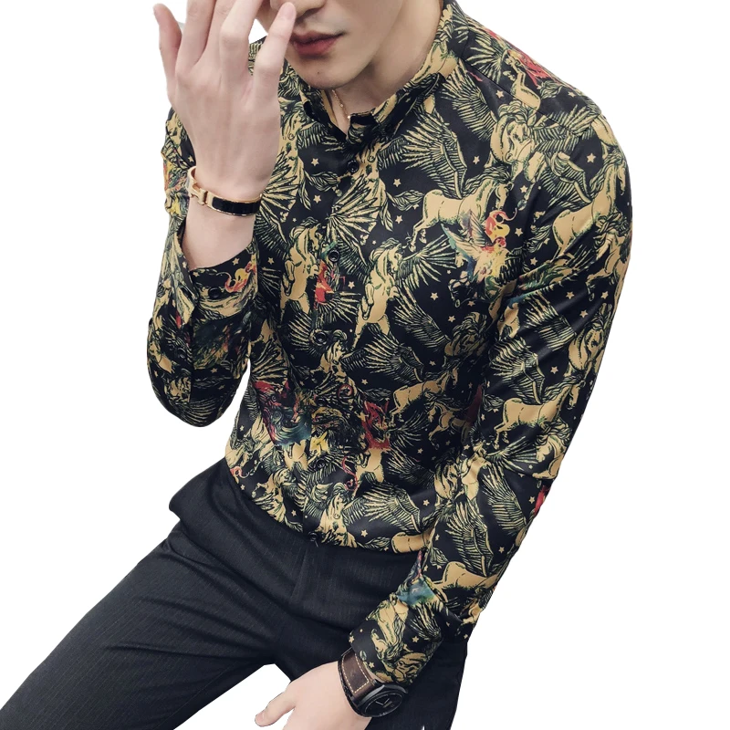 

2019 New Mens Fashion Printed Casual Long-sleeved Shirts / British Gentleman Original Mens Slim Leisure Long-sleeved Shirts Men